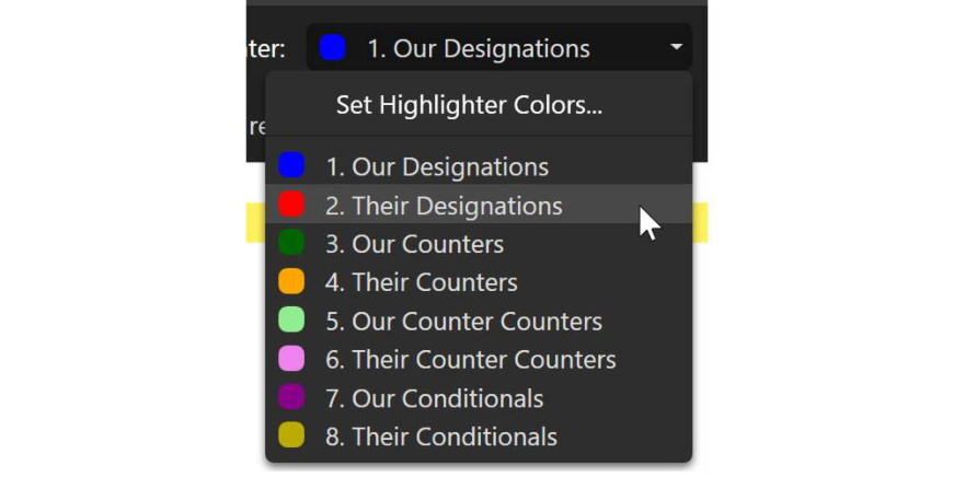 Highlighter color dropdown options