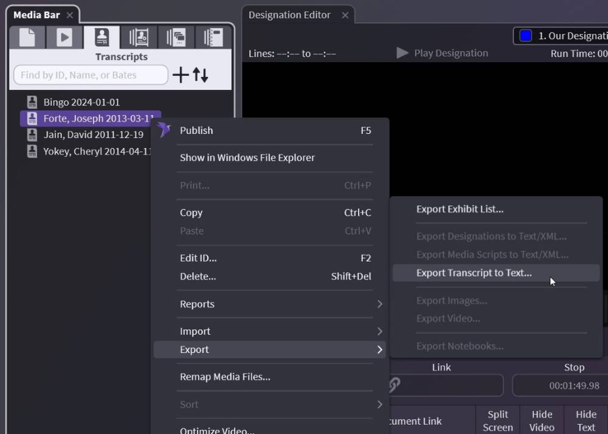 Export Transcript to Text menu