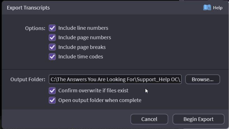 Transcript export options dialog