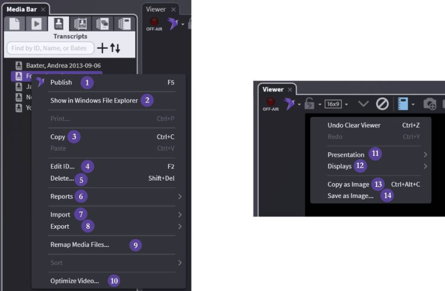 Right-click menu for a transcript