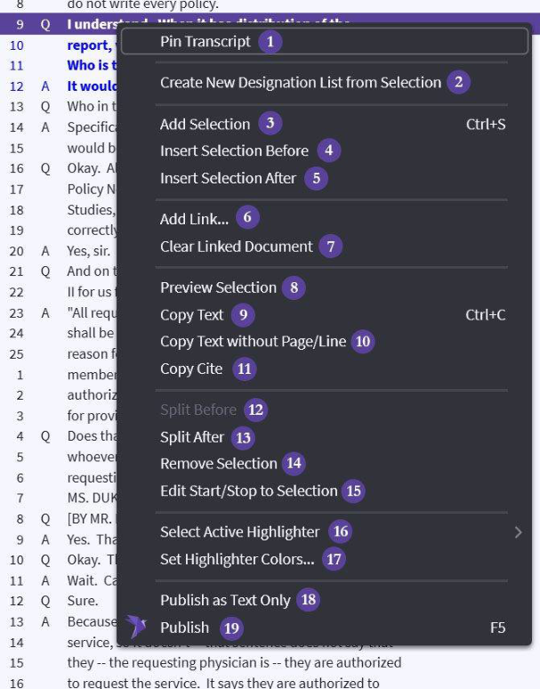 Transcript Viewer right-click menu