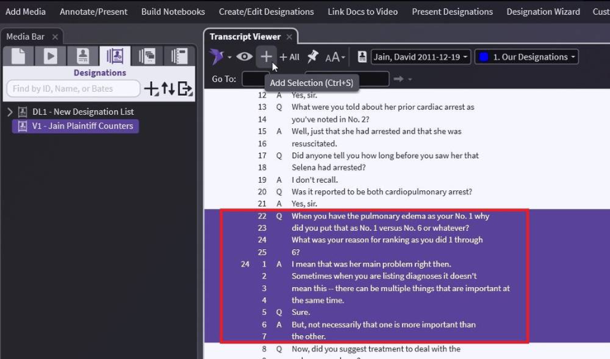 Adding a selection of transcript text