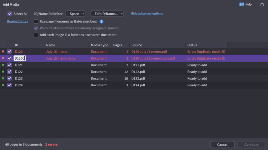 Renaming a duplicate in the Add Media dialog