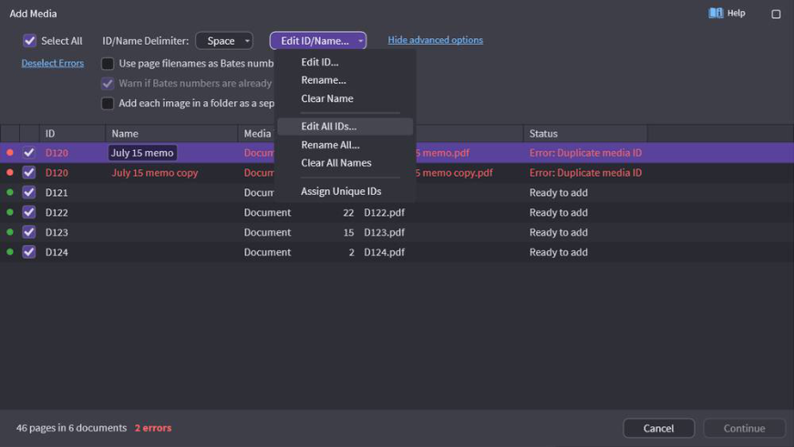 Edit ID/Name dropdown