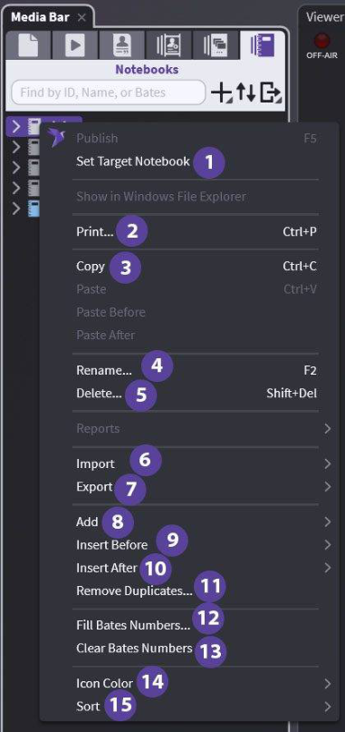Main Notebook right-click menu