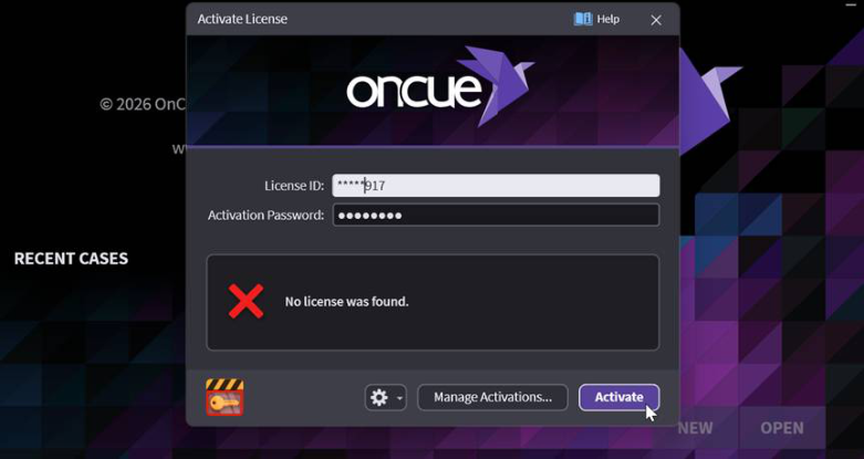 Entering license ID and password to activate