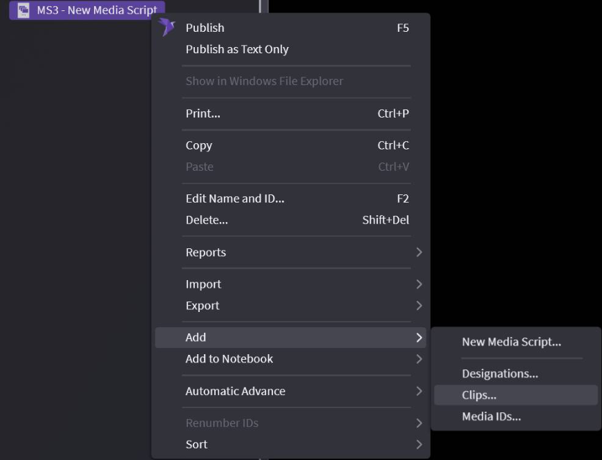 Right-click menu Add Clips option