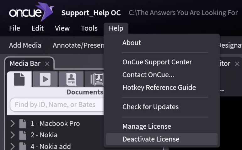 Help menu deactivate license option