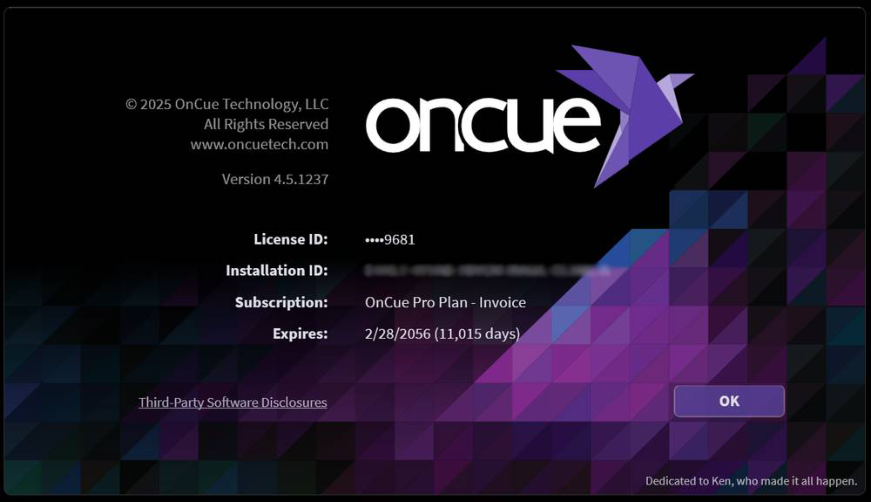 The OnCue About Screen with disclosures