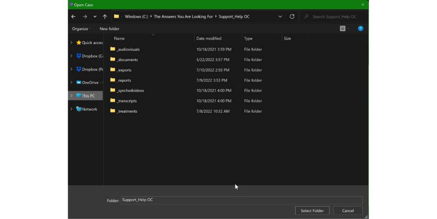 Selecting the root case folder in the file browser
