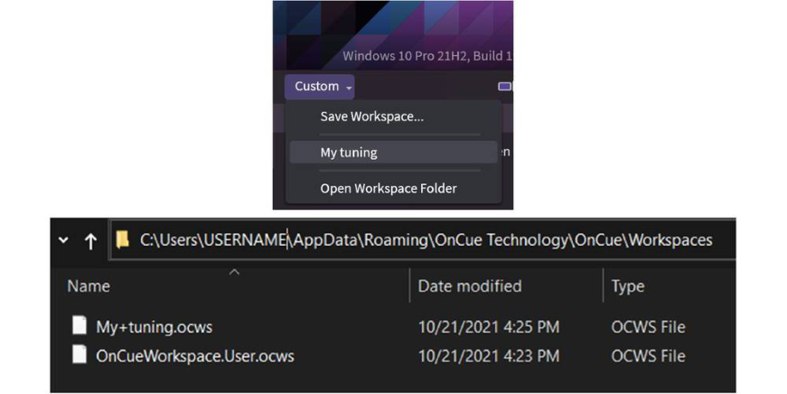 Workspace listed in the Custom menu