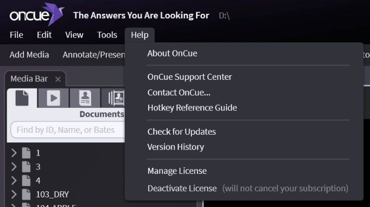 Deactivating a license from the Help menu