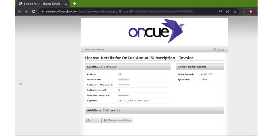 License portal activation screen