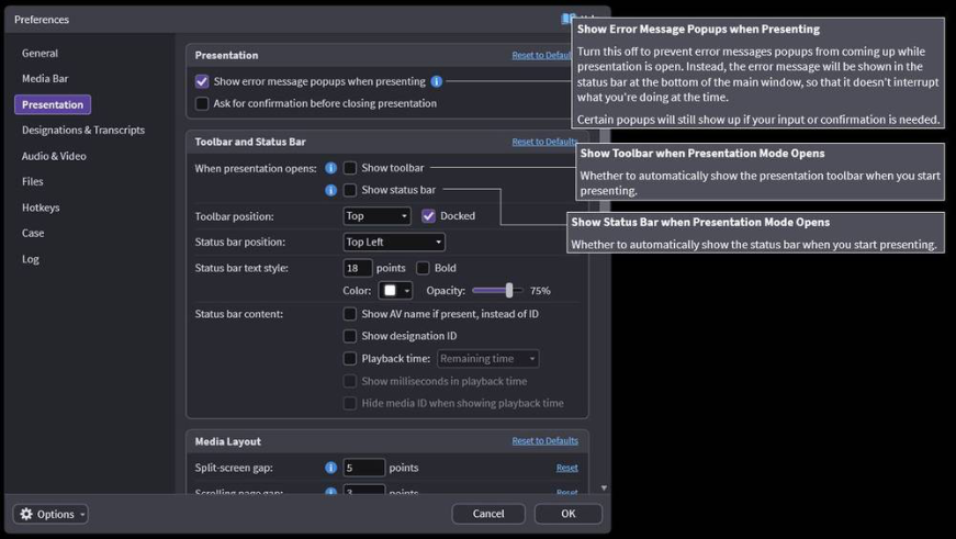OnCue Presentation preferences settings