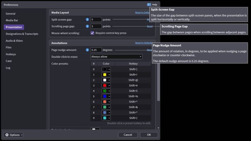 OnCue Presentation preferences settings