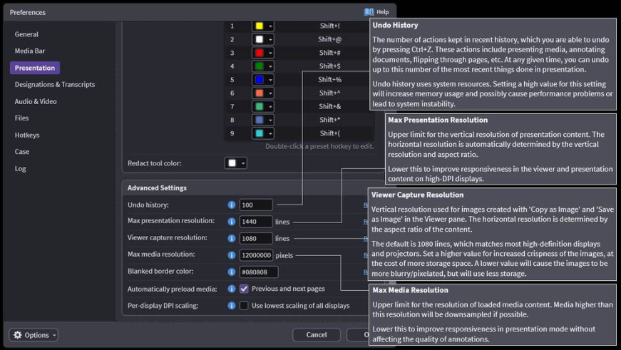 OnCue Presentation preferences settings