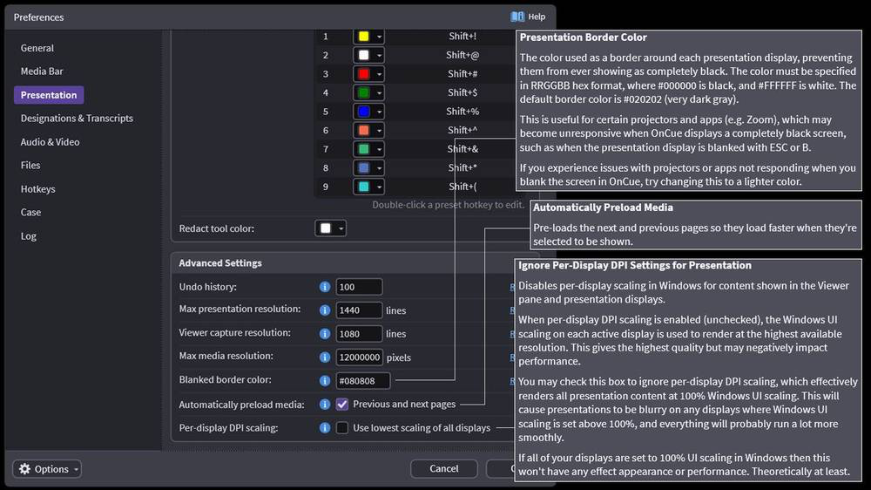 OnCue Presentation preferences settings