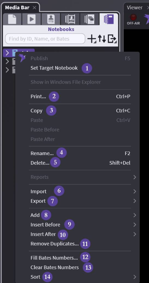 Main Notebook right-click menu options