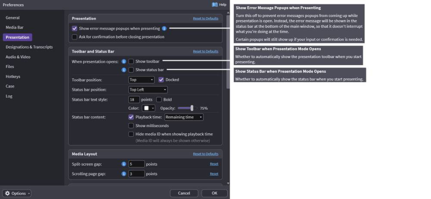 Presentation settings and preferences panel