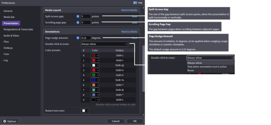 Presentation display preferences options