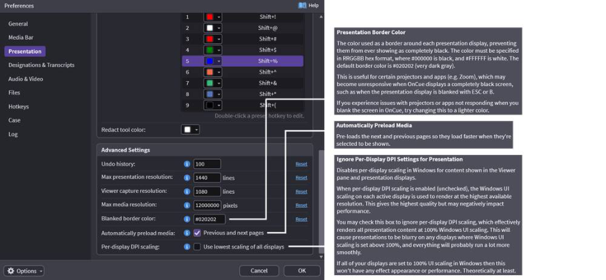 Additional presentation preference settings