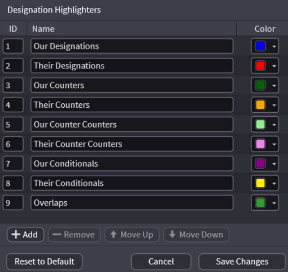 Highlighter colors on transcript designations