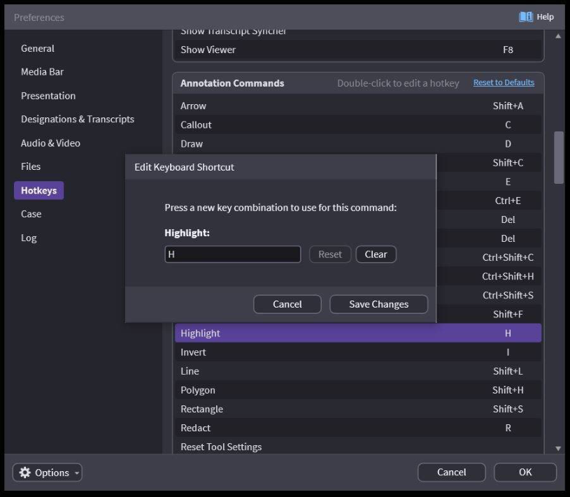 Hotkey list in the Preferences window