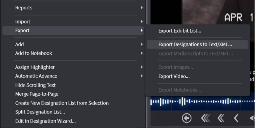 Export Designations to Text/XML menu option