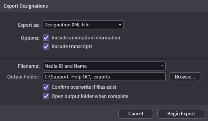XML File export options dialog