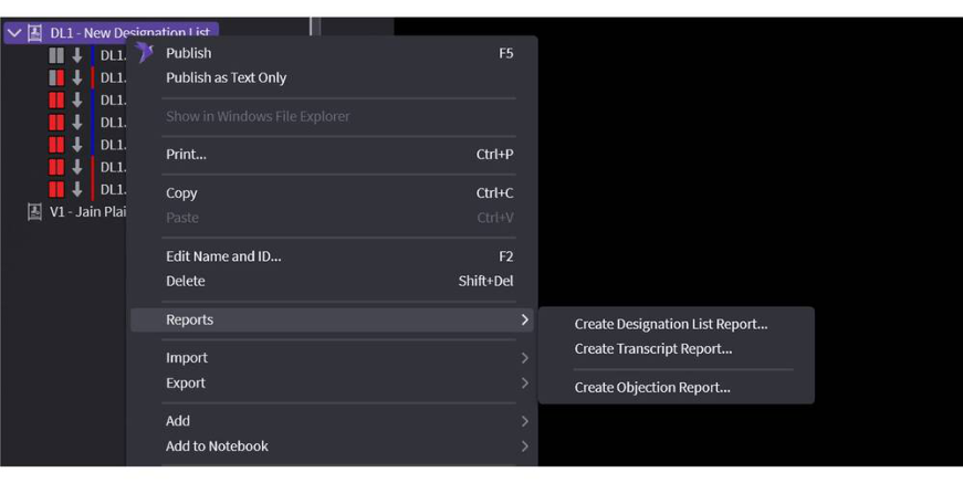 Right-clicking a Designation List to open Reports