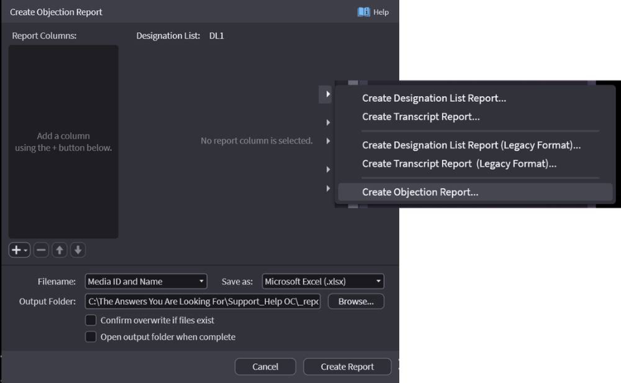 Create Objection Report menu option
