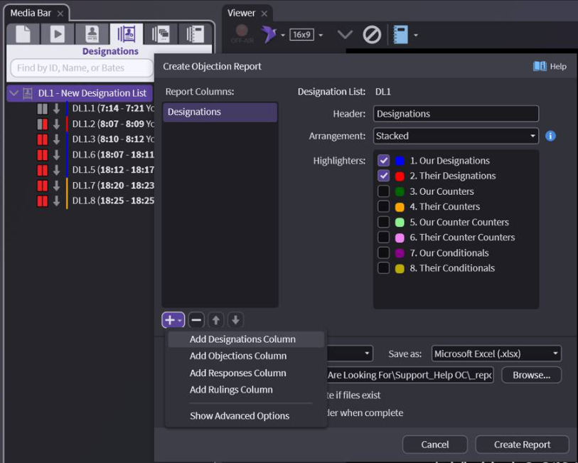 Selecting columns in report options