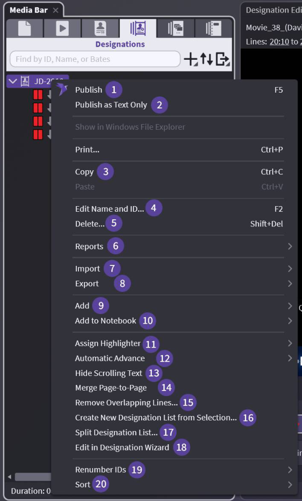 Designation list level right-click menu