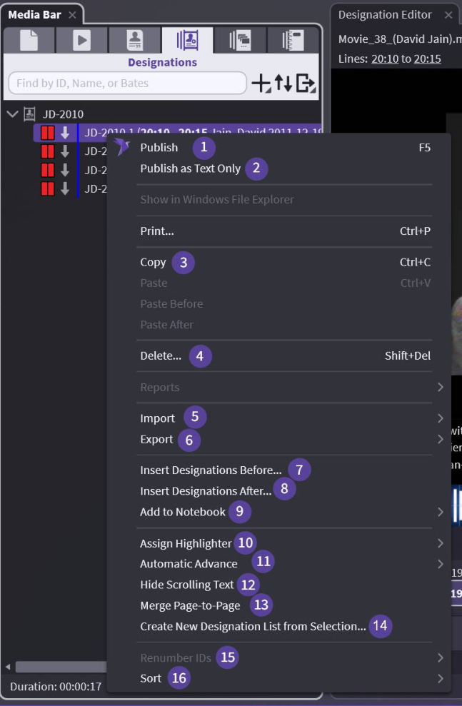 Designation clip level right-click menu