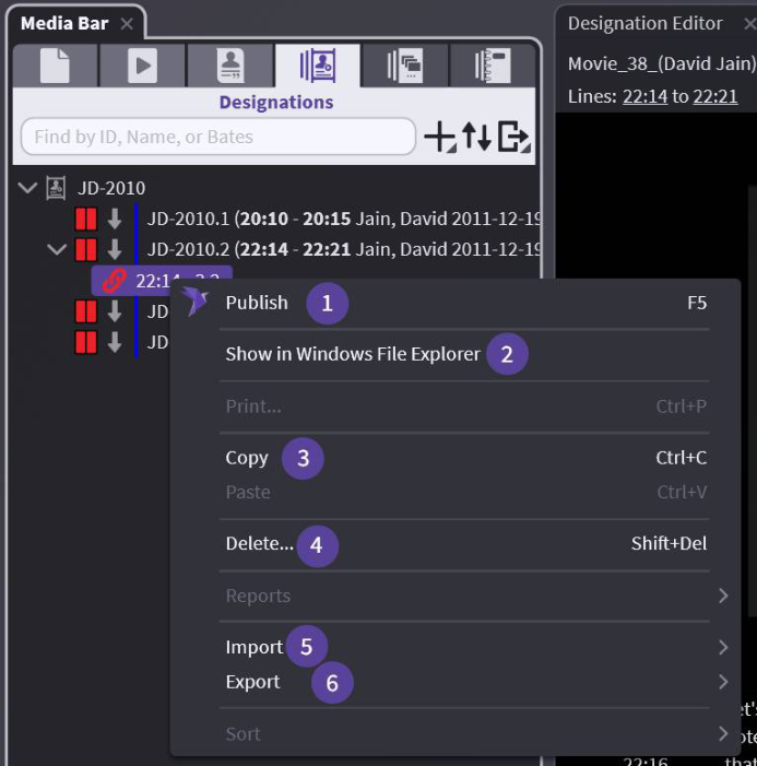 Designation link level right-click menu
