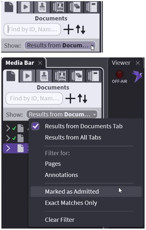 Search bar filter dropdown to show only admitted exhibits
